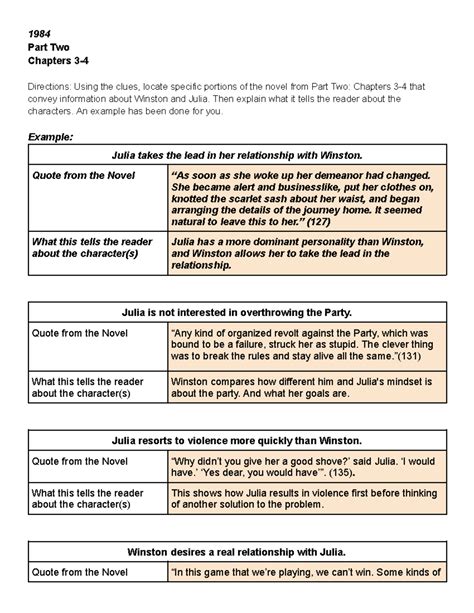 1984 Part Two Questions for Understanding - 1984 Part Two Chapters 3