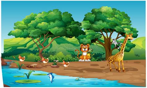 Animals and river stock vector. Illustration of river - 53326847