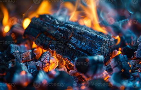 Burning Charcoal With Red Hot Glowing Coals And Flames In Barbecue