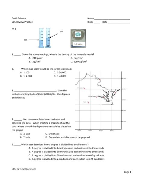 Earth Science Name Sol Review Practice Block Date