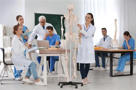 Medical Students And Professor Studying Skeleton Anatomy In Classroom