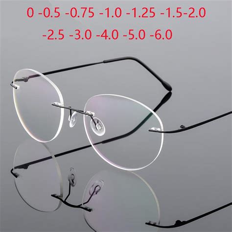 แวนตาTitanium Alloy Framless Round Myopia Glasses Finished Women Men