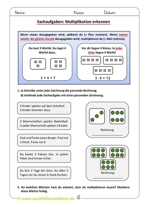 Sachaufgaben Multiplikation In Textaufgaben Erkennen Grundschule Klasse