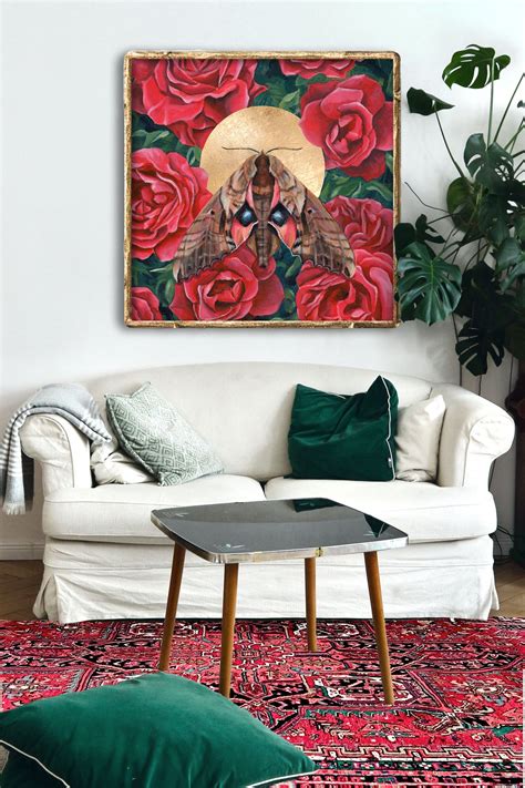 Blinded Sphinx Moth Art Print | Moth & Red Roses Wall Art - The Copper Wolf