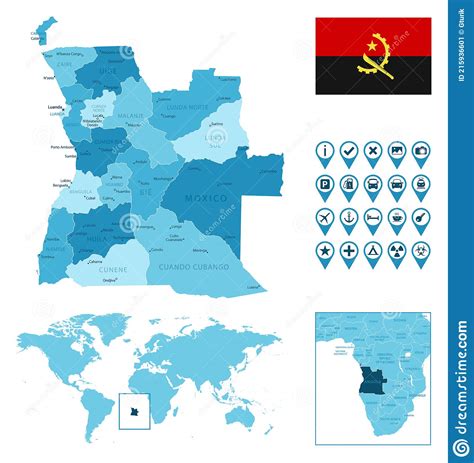 Mapa Administrativo Azul Detalhado De Angola Bandeira Nacional E