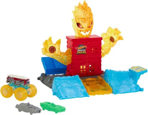 Amazon Hot Wheels Monster Trucks Toy Playset Scale Alarm Firetruck Battles The Fire