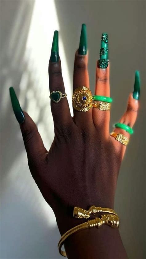 Emerald Green Long Acrylic Nails Emerald Gold Nails Dark Green