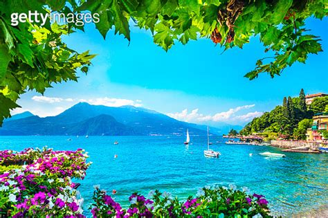 Varenna Town Bay Beach And Flowers Como Lake District Landscape Italy