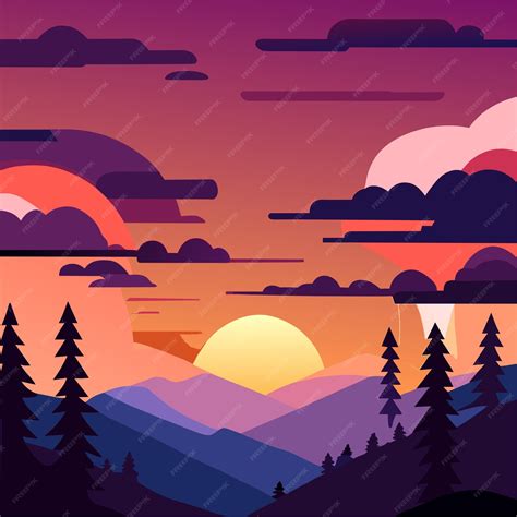 Premium Vector Cartoon Sunset Or Sunrise Gradient Sky With Clouds And Sun