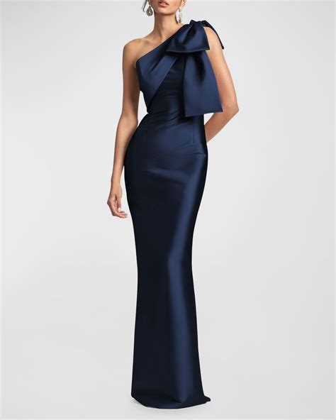 Sachin Babi Bonnie One Shoulder Bow Column Gown Evening Gowns