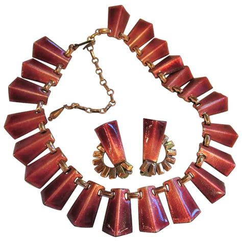 Matisse Red Enamel On Copper Necklace And Clip On Earrings Ruby Lane