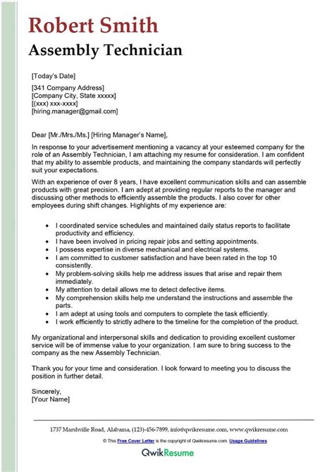 Assembly Technician Cover Letter Examples QwikResume