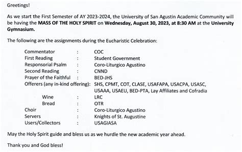 MASS OF THE HOLY SPIRIT 1ST SEM AY 2023 2024 UNIVERSITY OF SAN AGUSTIN