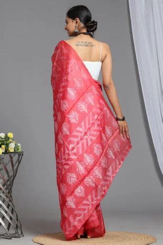 Dark Pink Hand Block Printed Cotton Saree 6 3 M With Blouse Piece At