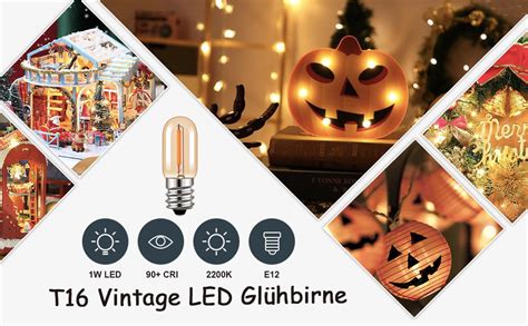 Hcnew T16 E12 Mini LED Glühbirne 1W Warmweiss 2200K Braunglas Vintage