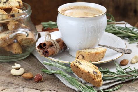 Coffee With Milk And Sugar Served With Biscuits Stock Photo Image Of