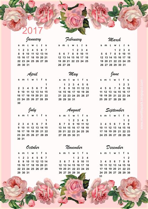 Free printable 2017 vintage rose calendar - year at a glance - freebie