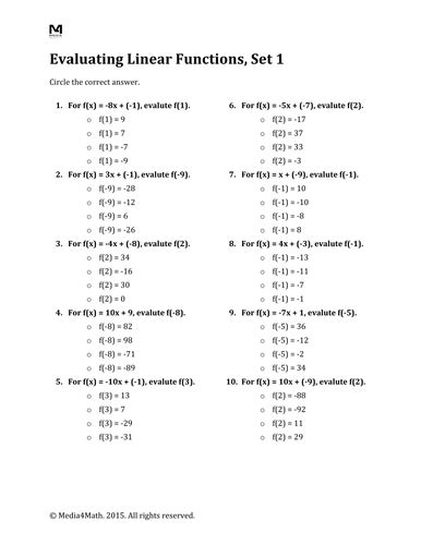 Evaluating Linear Function Worksheets