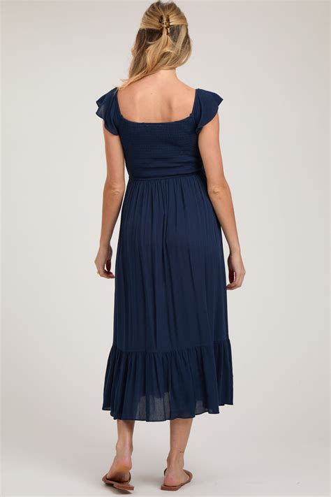 Navy Smocked Ruched Ruffle Hem Maternity Maxi Dress Pinkblush