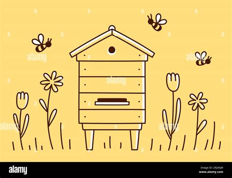 Beehive doodle drawing, wooden bee house with flowers. Cute cartoon beekeeping vector clip art ...