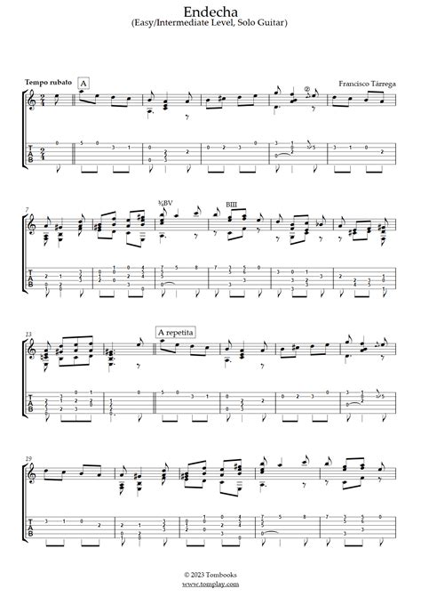 Endecha Easy Intermediate Level Solo Guitar Tarrega Guitar Tabs