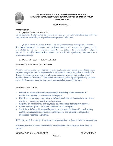 Guia 1 contabilidad unah JORGE ANTONIO AMADOR LÓPEZ CONTABILIDAD I