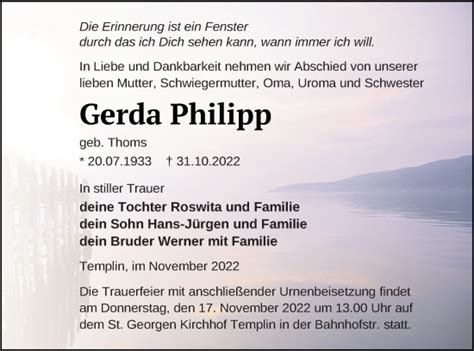 Traueranzeigen Von Gerda Philipp Trauer Nordkurier