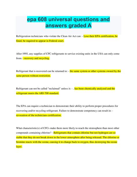 Epa 608 Universal Questions And Answers Graded A Browsegrades