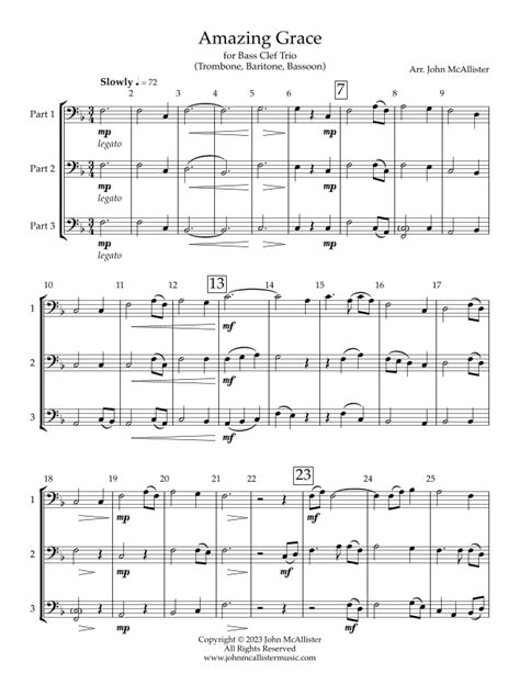 Amazing Grace For Bass Clef Trio Arr John Mcallister By John Newton Sheet Music For Brass