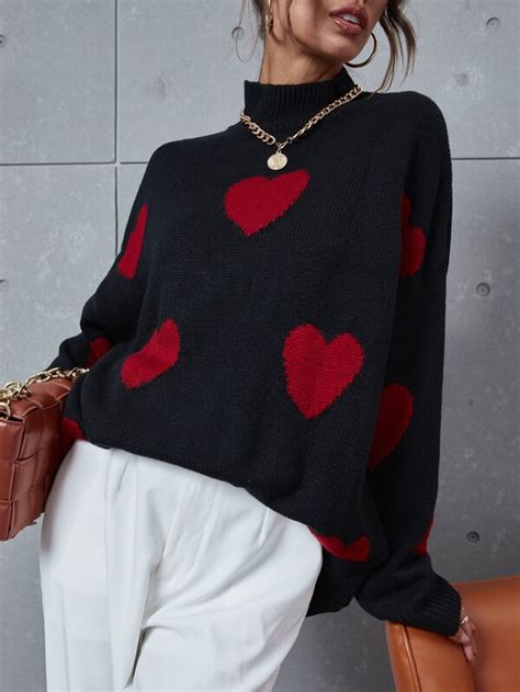 SHEIN Essnce Heart Pattern Mock Neck Drop Shoulder Sweater SHEIN USA