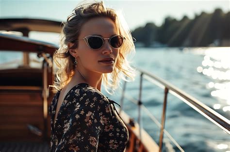 Blonde Woman In Sunglasses By A Boat Premium AI Generated Image