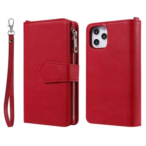 Iphone 12 Pro Max Zipper Wallet Magnetic Detachable 2 In 1 Case Red