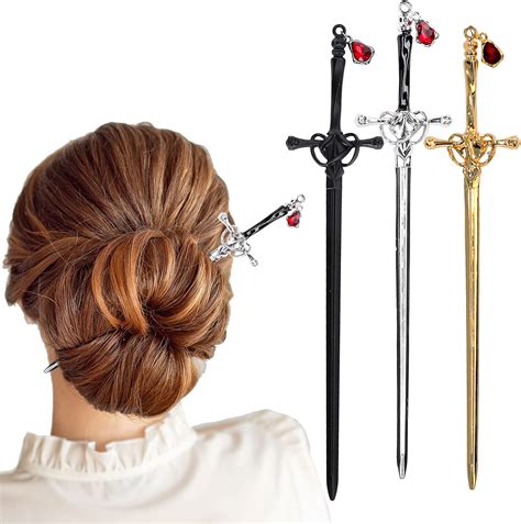 Whaline 3 Pieces Chinese Sword Hair Sticks Metal Sword Hair Pins Stick With Gemstone Pendant