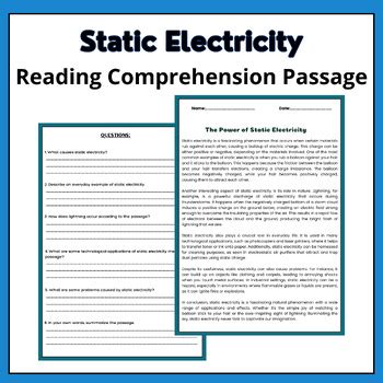 Static Electricity Reading Comprehension Passage With Questions TPT