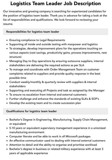 Logistics Team Leader Job Description Velvet Jobs