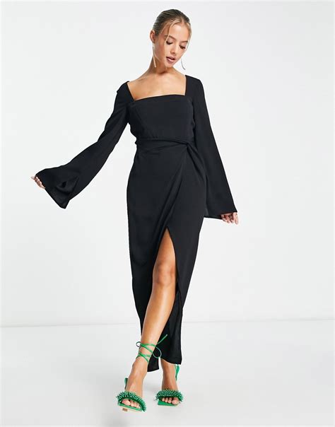 Asos Design Square Neck Fluted Sleeve Knot Detail Midi Dress In Black