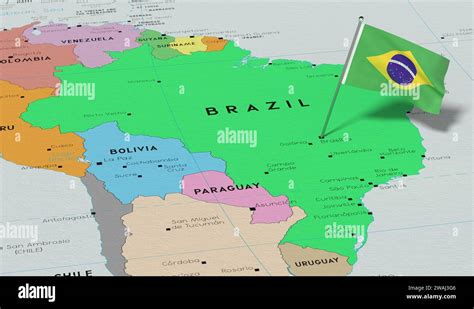 Brazil Brasilia National Flag Pinned On Political Map 3d