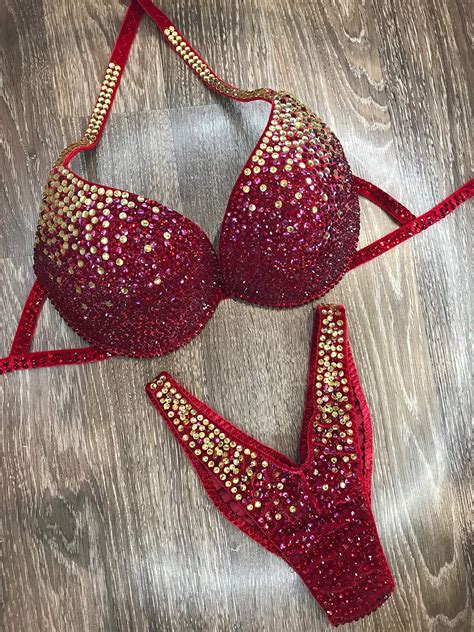 Buy Red And Gold Finess Bikini Competition Bikini Set Rhinestone