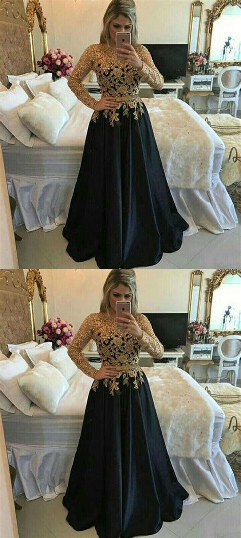 Black And Gold Long A Line Prom Dressesmodest Long Sleeves Lace Prom