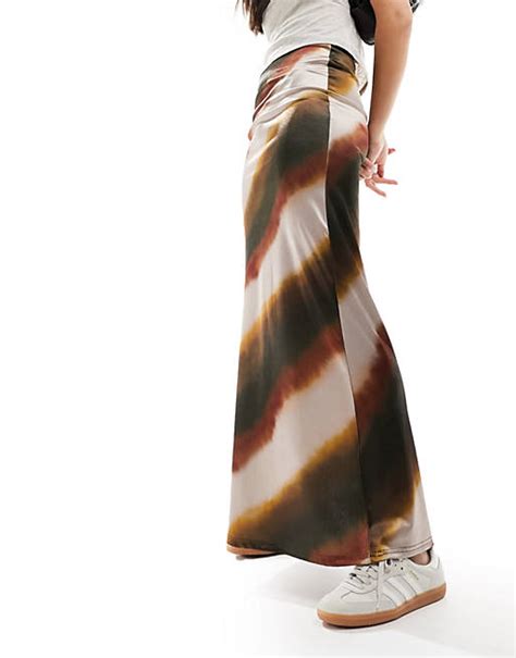 Asos Design Satin Twill Maxi Skirt In Blurred Stripe Asos