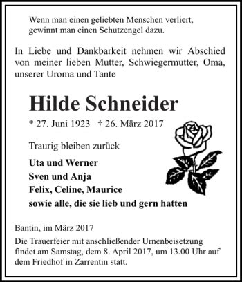 Traueranzeigen Von Hilde Schneider Trauer Nordkurier