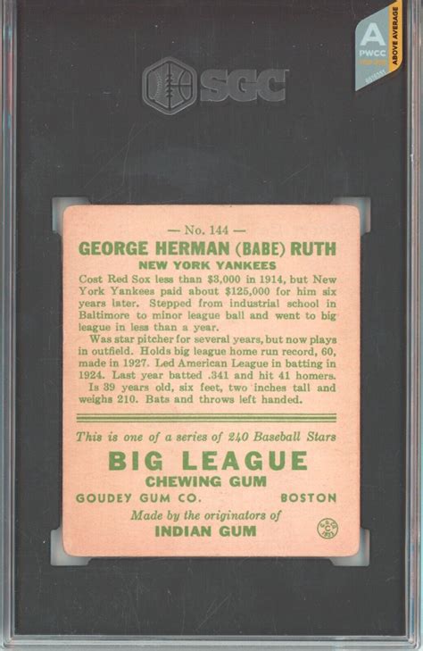 1933 GOUDEY BABE RUTH 144 NEW YORK YANKEES HOF CENTERED SGC 1 5 FR