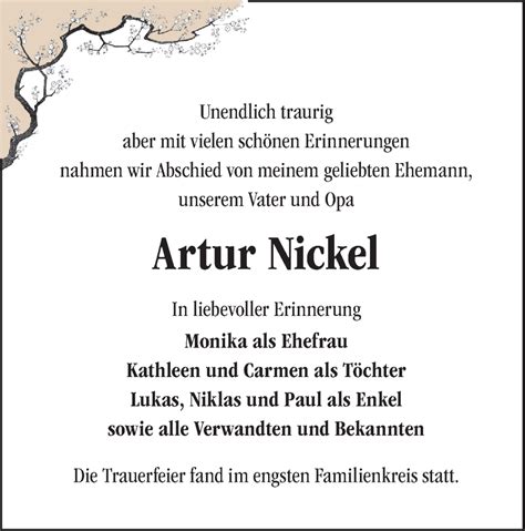 Traueranzeigen von Artur Nickel Märkische Onlinezeitung Trauerportal