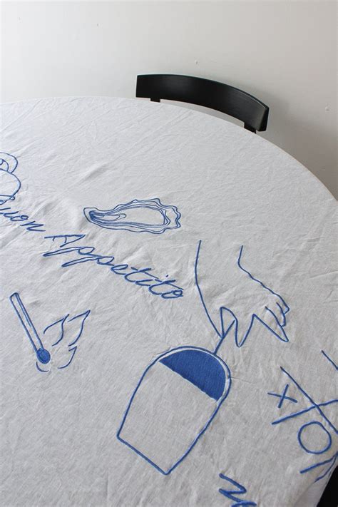 Embroidered Buon Appetito Linen Tablecloth In Blue Etsy