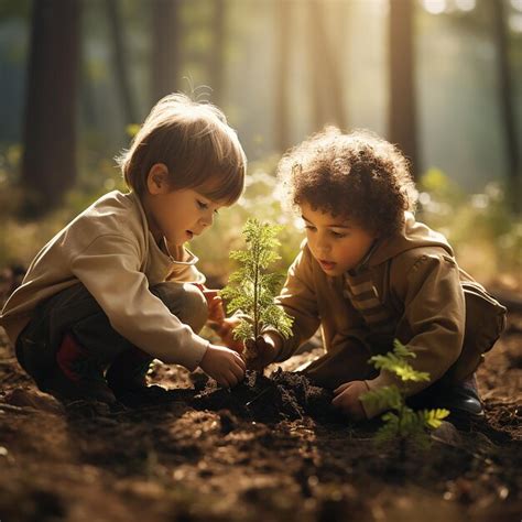 Ni Os Plantando Rboles En El Bosque Foto Premium