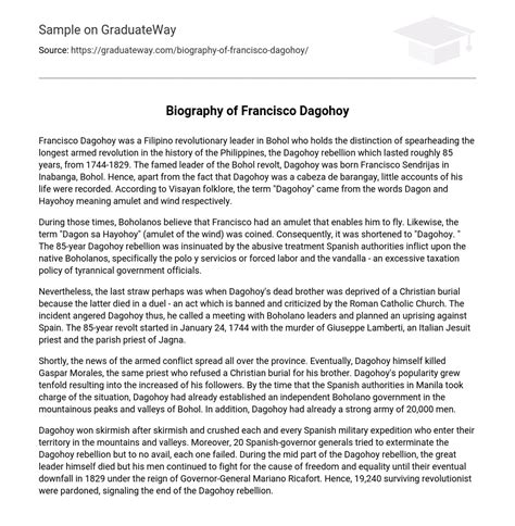 Biography of Francisco Dagohoy Free Essay Example 401 words | GraduateWay