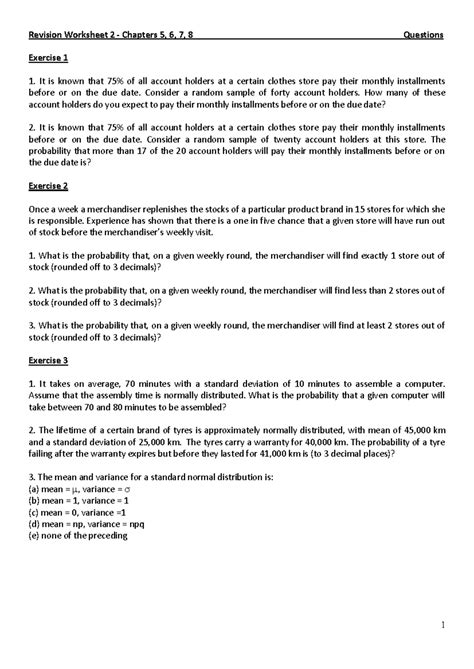 Revision Worksheet 2 Ch 5, 6, 7, 8 Questions - Revision Worksheet 2