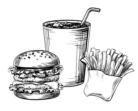 Hamburger And Fries And Drink Drawing