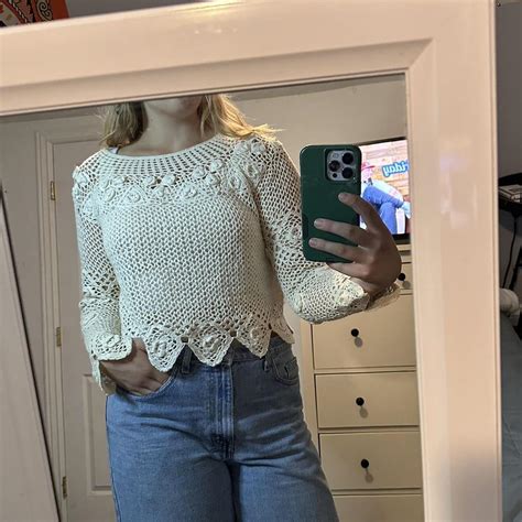 Crochet Top Off White Crochet Long Sleeve Size Depop