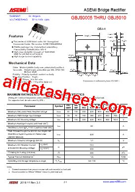 GBJ5010 数据表 PDF ASEMI TECHNOLOGY LTD